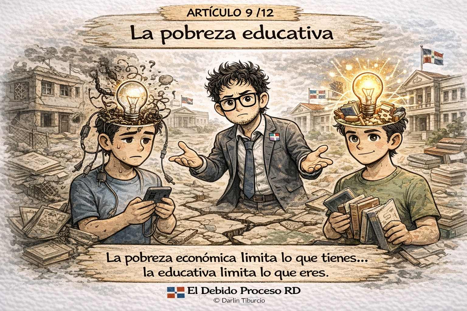 Ilustración sobre la pobreza educativa y el deterioro cognitivo en República Dominicana