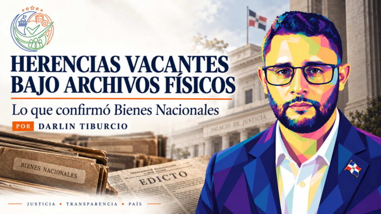 Portada del artículo sobre herencias vacantes bajo archivos físicos, con documentos de Bienes Nacionales y el Palacio de Justicia