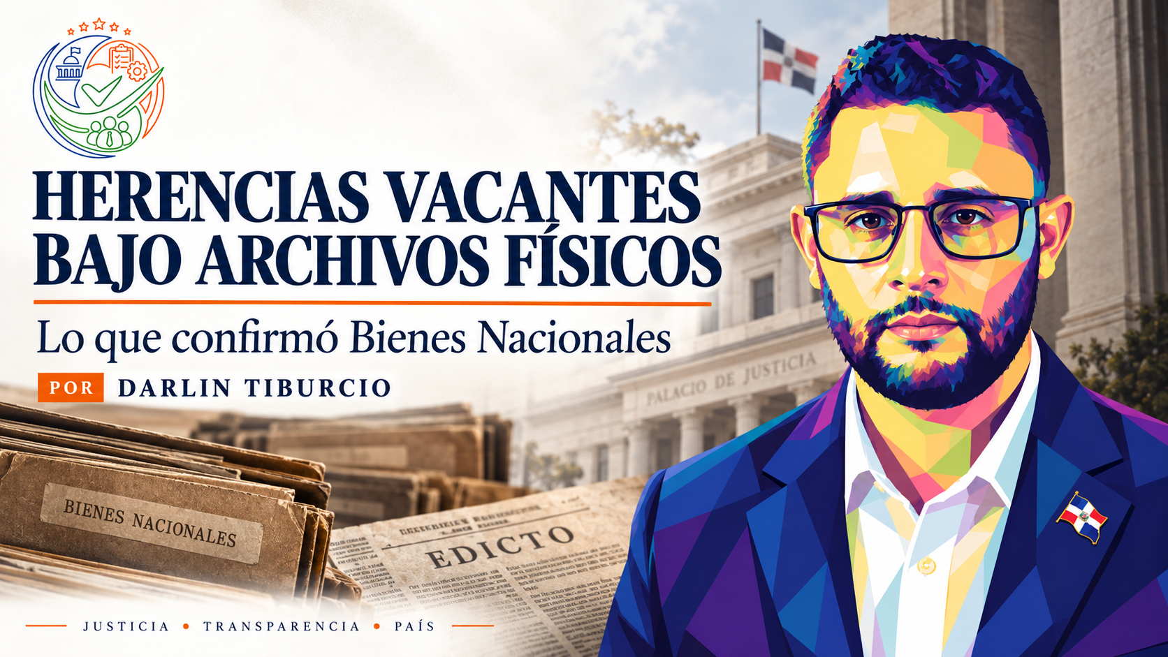 Portada del artículo sobre herencias vacantes bajo archivos físicos, con documentos de Bienes Nacionales y el Palacio de Justicia