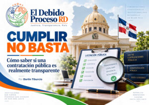 Portada del artículo sobre transparencia en la contratación pública en República Dominicana, con licitación pública y edificio institucional