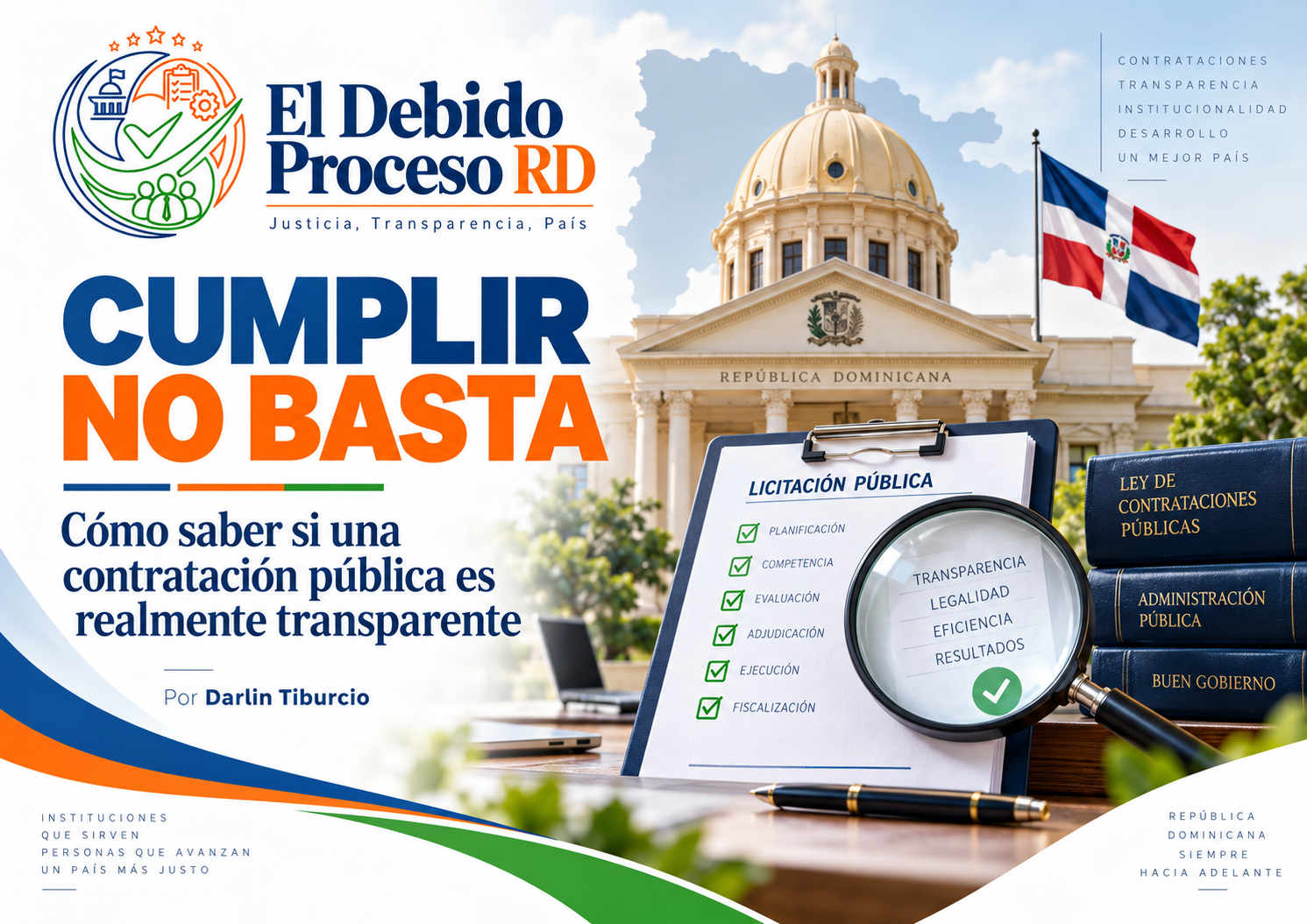 Portada del artículo sobre transparencia en la contratación pública en República Dominicana, con licitación pública y edificio institucional